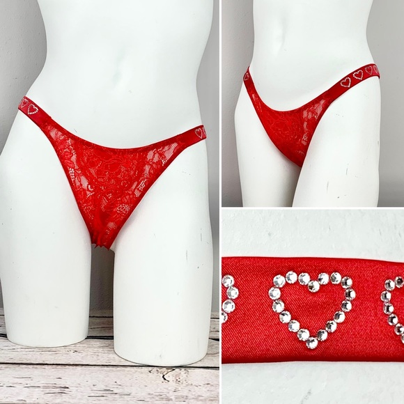 NWT Large Victoria’s Secret Crotchless Panties Heart Shine Strap Lace Red Panty - Picture 6 of 7